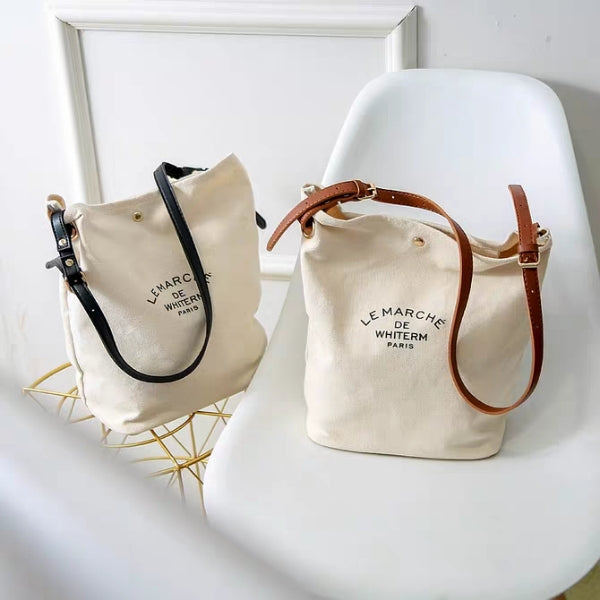 Leather Strap Canvas Tote Bag